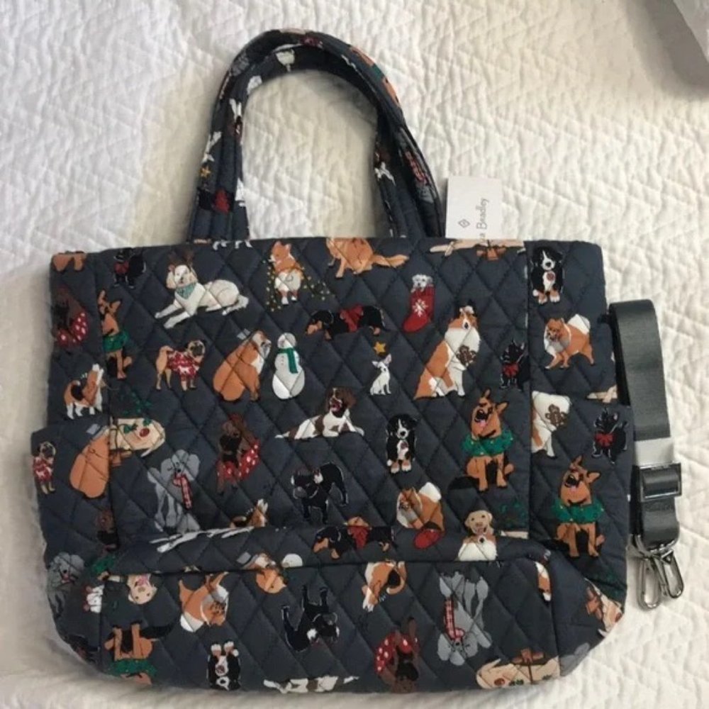 Vera Bradley Holiday Dogs Gray Medium Tote NWT